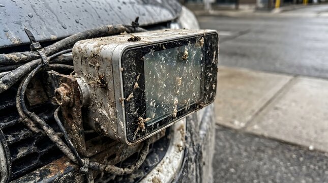 Muddy license plate on a dirty car bumper on a wet street