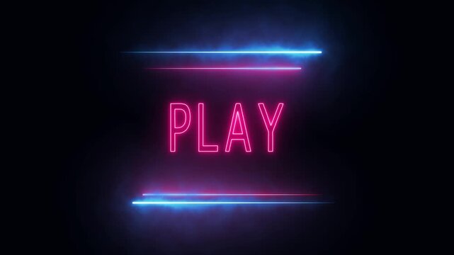 Animated neon play button pink blue glowing lines cinematic game trailer 4k ultra hd. Pink blue neon play button animation glowing lines dark background seamless loop.