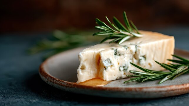 Delicately arranged cheese sits on a rustic plate adorned with sprigs of fresh rosemary, showcasing culinary elegance that appeals to food enthusiasts and gourmet lovers alike.