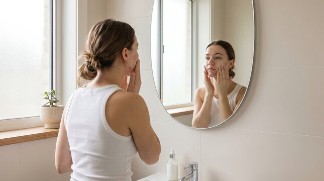 Young woman applying skincare cream to acne-prone face while looking in bathroom mirror, natural light. Personal hygiene and skin treatment concept