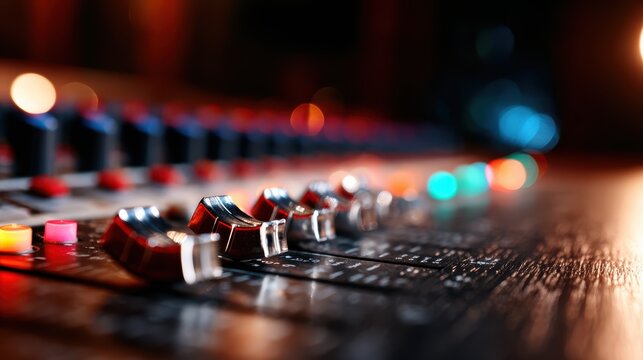 A close-up shot of a sound mixing console, showcasing knobs and buttons with glowing lights, emphasizing the artistry and technicality behind music production and audio engineering.