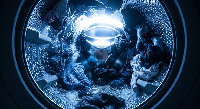 Inside a Washing Machine Drum with Clothes