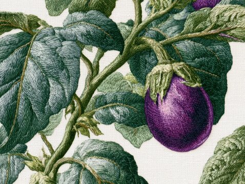 Vibrant Purple Aubergine Embroidery with Lush Green Leaves on White Fabric