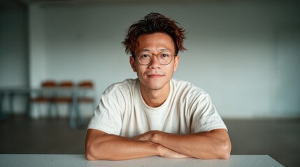 Obraz premium A captivating portrait of a young man sitting at a table, looking confidently at the camera, bathed in warm soft light that accentuates his features and inviting demeanor.