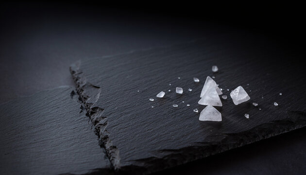 Minimalist arrangement of delicate pyramid shaped fleur de sel salt crystals resting on a dark textured black slate plate