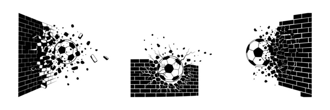 Soccer ball smashing through brick wall dynamic motion impact effect illustrations.