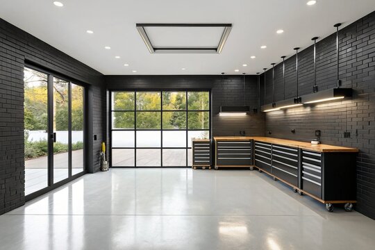 Clean modern garage interior featuring black brick walls, rubber flooring, overhead lighting, organized tool storage, transparent doors, professional workspace, contemporary residential automotive.