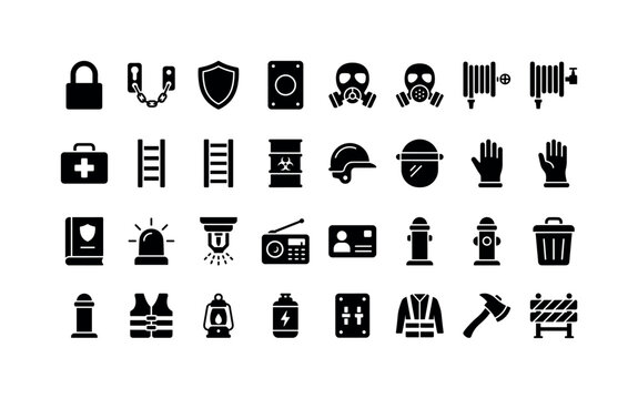 Prevention Shield Suite. Solid glyph icon set of safety prevention: combination lock, door chain, guard shield, panic button, gas mask, fire hose reel, medical cross case, rescue ladder, hazard