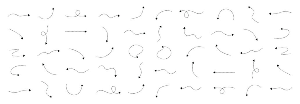 Set of curved dotted line arrow set. Squiggly dotted arrow, curved lines vector collection,