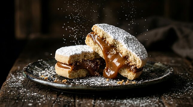 Broken alfajor cookie with dulce de leche filling on dark rustic plate close-up
