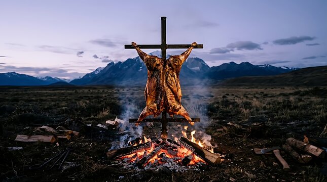 Wooden cross Lamb roasting on stake at dusk with dramatic sky