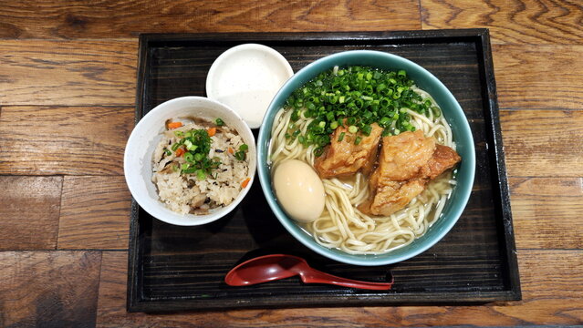 Big Bowl of Soki Soba with Pork Ribs with Bowl of Okinawa Rice