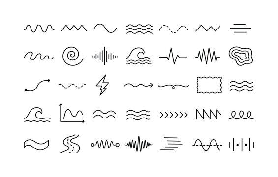 Wave Zigzag Lines. Line icon set of wave lines, zigzag and abstract line patterns: wave line, zigzag line, sine curve, ripple line, dashed wave, sharp angle, motion line, squiggle, spiral wave, sound