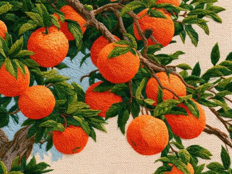 Vibrant Citrus Tree Branches with Ripe Fruit on Textured Background