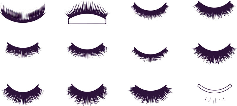 Various styles of false eyelashes for makeup and beauty applications, presented as individual designs.