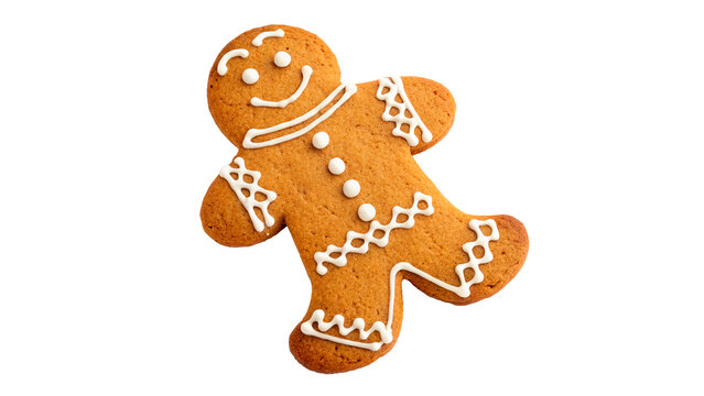 Classic gingerbread man cookie decorated with white and red icing lines isolated on transparent background