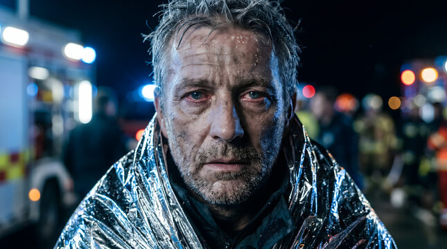 A traumatized middle-aged man wrapped in a silver emergency thermal blanket looks into the camera after surviving a night-time disaster scene.
