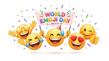 Fototapeta premium World Emoji Day on July 17 featuring diverse smiling emojis celebrating with confetti and banners.