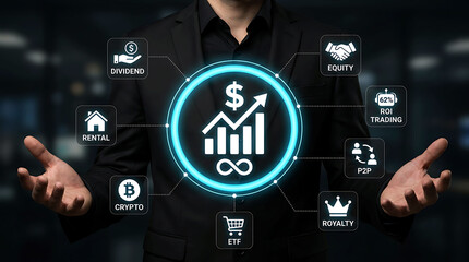 Fototapeta premium Businessman presenting financial growth icons and diversified investment options