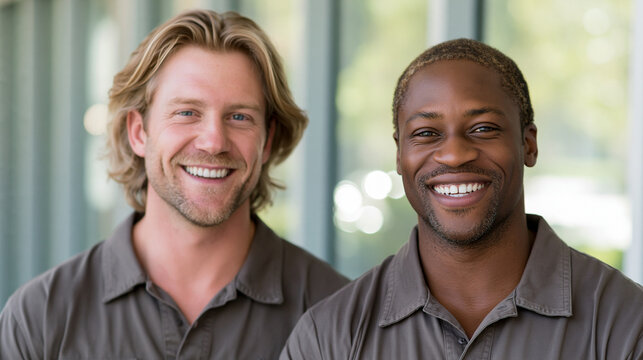 Sourire de deux poseurs de fen&ecirc;tres experts lors d'une r&eacute;novation de maison

