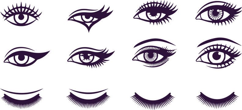 Set of eight stylized vector illustrations of female eyes with dramatic makeup and long eyelashes on transparent background.