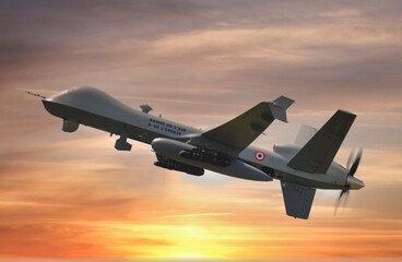 Obraz premium Drone Reaper en montée ciel fin de journée