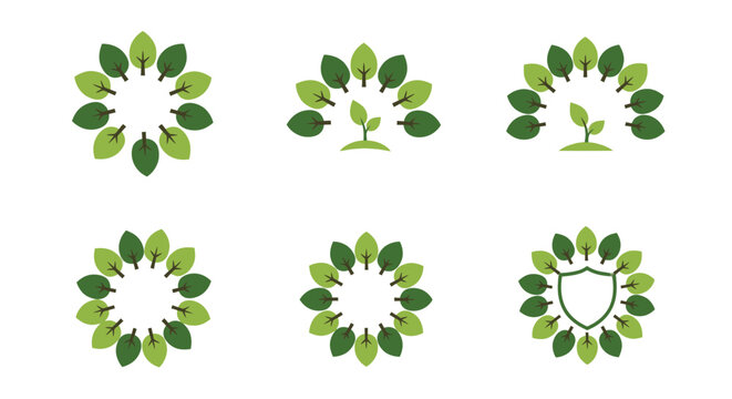 Collection of green leaf circular logo designs.