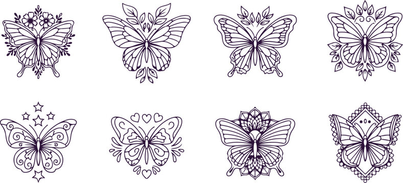 Eight decorative vector illustrations of ornate butterflies with intricate wing patterns and floral embellishments.