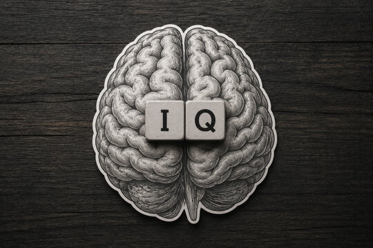 Two letter blocks spelling I Q placed on a detailed of a human brain intelligence quotient test