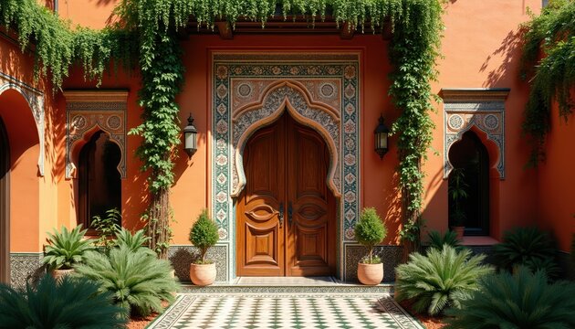 Traditional Moroccan riad facade with ornate wooden doors and intricate tile work. Rich green plants and vines climb the orange walls, creating a serene courtyard.
