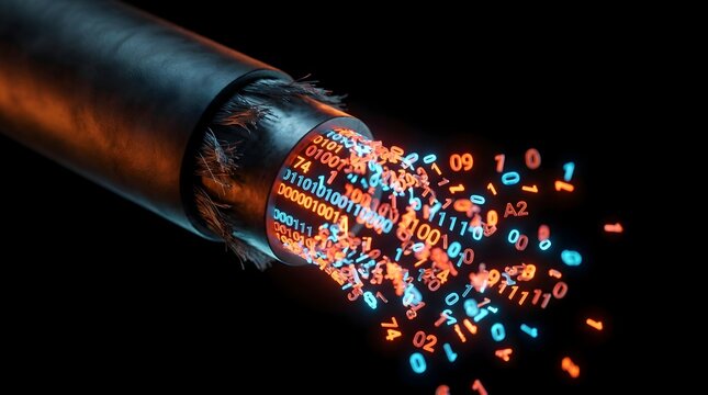 High speed fiber optic cable transmitting binary data stream representing digital information transfer and global telecommunication network
