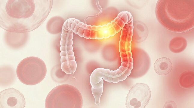 3D Rendered Medical Illustration of Human Colon Anatomy and Inflammation on Scientific Background