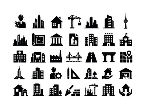 Urban Building Architecture Scene. Solid glyph icon set of buildings: skyscraper, house, apartment, office, tower, city, skyline, construction, crane, blueprint, architecture, building plan, urban,
