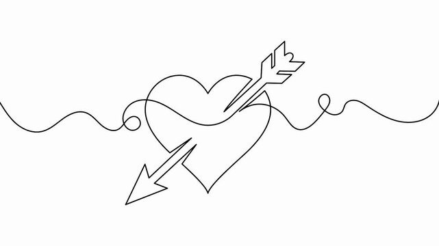 Heart graphic with arrow in a continuous line art drawing loop isolated on white background