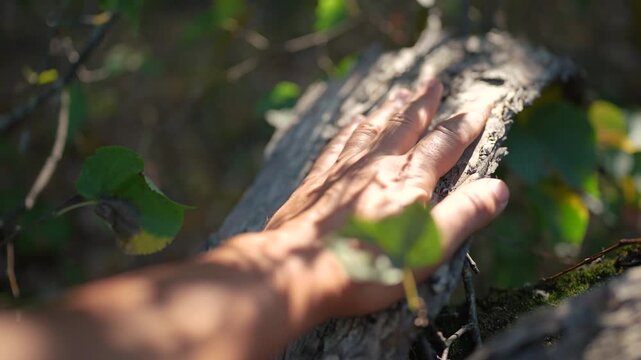 A man's hand rests on the tree bark as the man feels the tree's rough bark. Sunlight casts shadows on the man's hand and the tree in a forest setting.