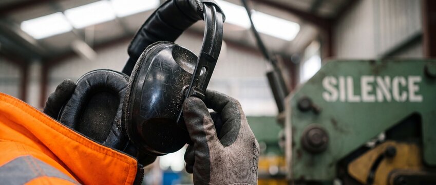 Hearing protection ear muffs worn by industrial worker in factory workshop putting on noise reduction safety headphones, wearing orange high visibility jacket and protective gloves for PPE safety.
