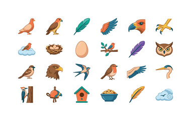 Naklejka premium Wild Avian Forms ? dove, hawk, feather, bird wing, bird beak, talon claw, cloud perch, bird nest, egg shell, branch perch, flight feather, owl face, sparrow, eagle head, swallow, robin, crane wing,