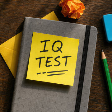 Yellow sticky note with I Q T E S T written in black marker on a grey notebook test intelligence quotient