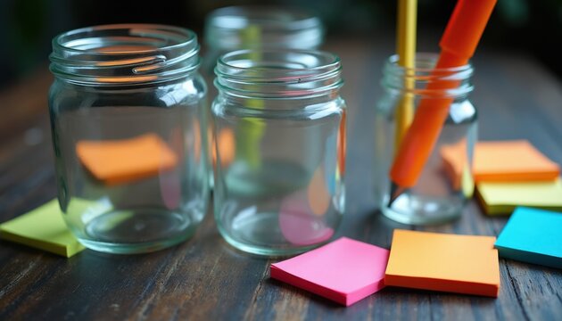 Glass jars on wooden table hold colored sticky notes and pens. Empty containers with colorful paper squares are ready for ideas. Organization concept, planning notes.