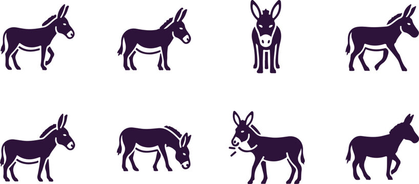 Collection of dark purple donkey icons representing various poses and activities on a transparent background.