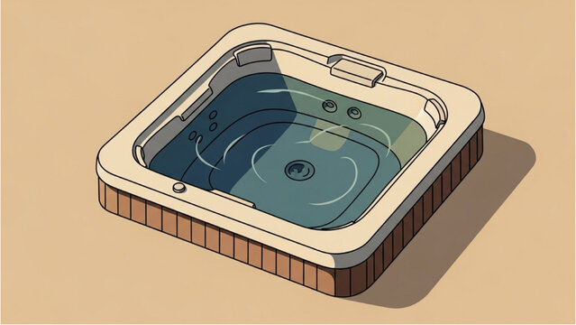 A hot tub with brown wooden panels sits on a beige surface