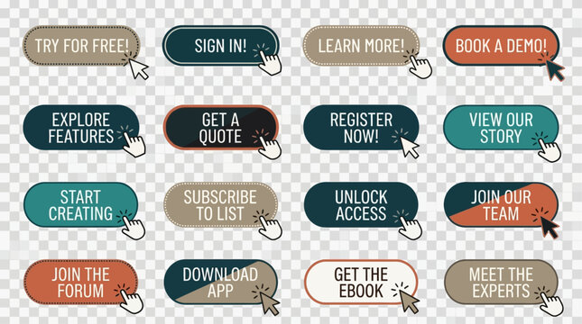 Collection of digital buttons with call to action phrases for websites and applications