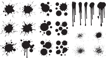 Grunge black ink splatters and paint drips set, abstract liquid spray droplets and messy blotches, vector EPS collection for urban street art design © Ali