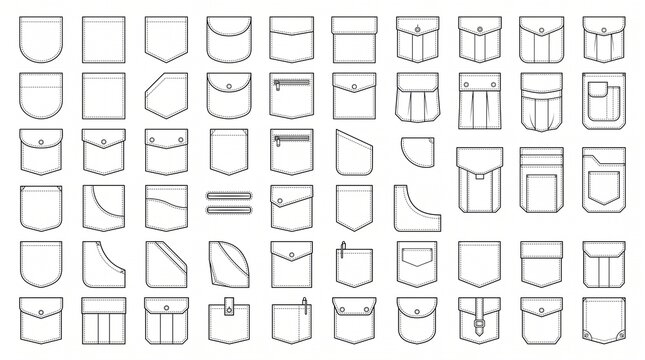 Set of Fashion Pocket Technical Sketches and Vector Icons for Garment Design