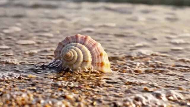 Single seashell covered by incoming wave, macro beach shot