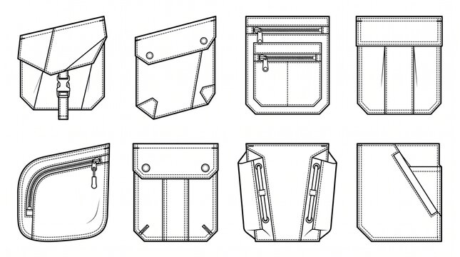 Fashion Technical Drawing Set of Functional Garment Pockets for Cargo and Tactical Apparel Design Tech Packs