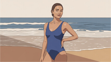 Woman in blue swimsuit stands on sandy beach by ocean waves © Stock Image Paradise
