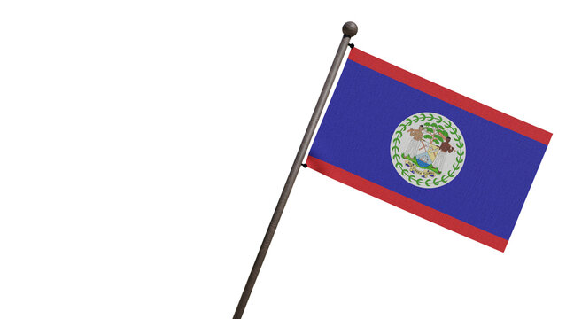 A realistic 3D render of the Belize national flag waving on a wooden flagpole, isolated against a transparent background with ample copy space