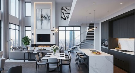 Naklejka premium Modern luxury penthouse interior with city view and abstract art