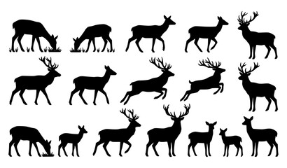 Deer Silhouette Collection with Standing Grazing and Antlered Wildlife Animal Poses © Crafts Home